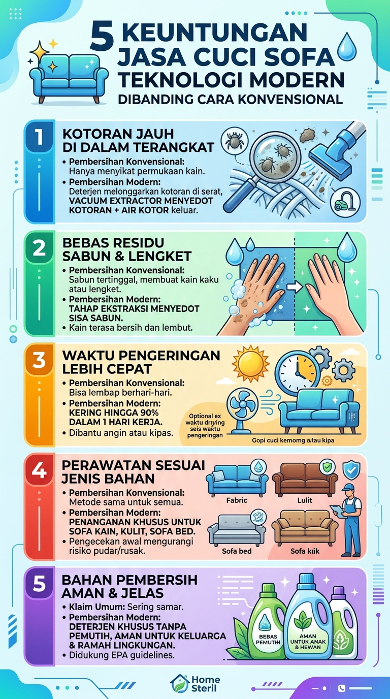Infografik : 5 Keuntungan Jasa Cuci Sofa Teknologi Modern Di Banding Cara Konvensional