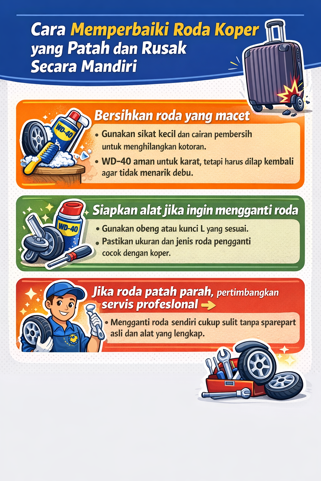Cara Memperbaiki roda koper yang patah dan Rusak Secara Mandiri