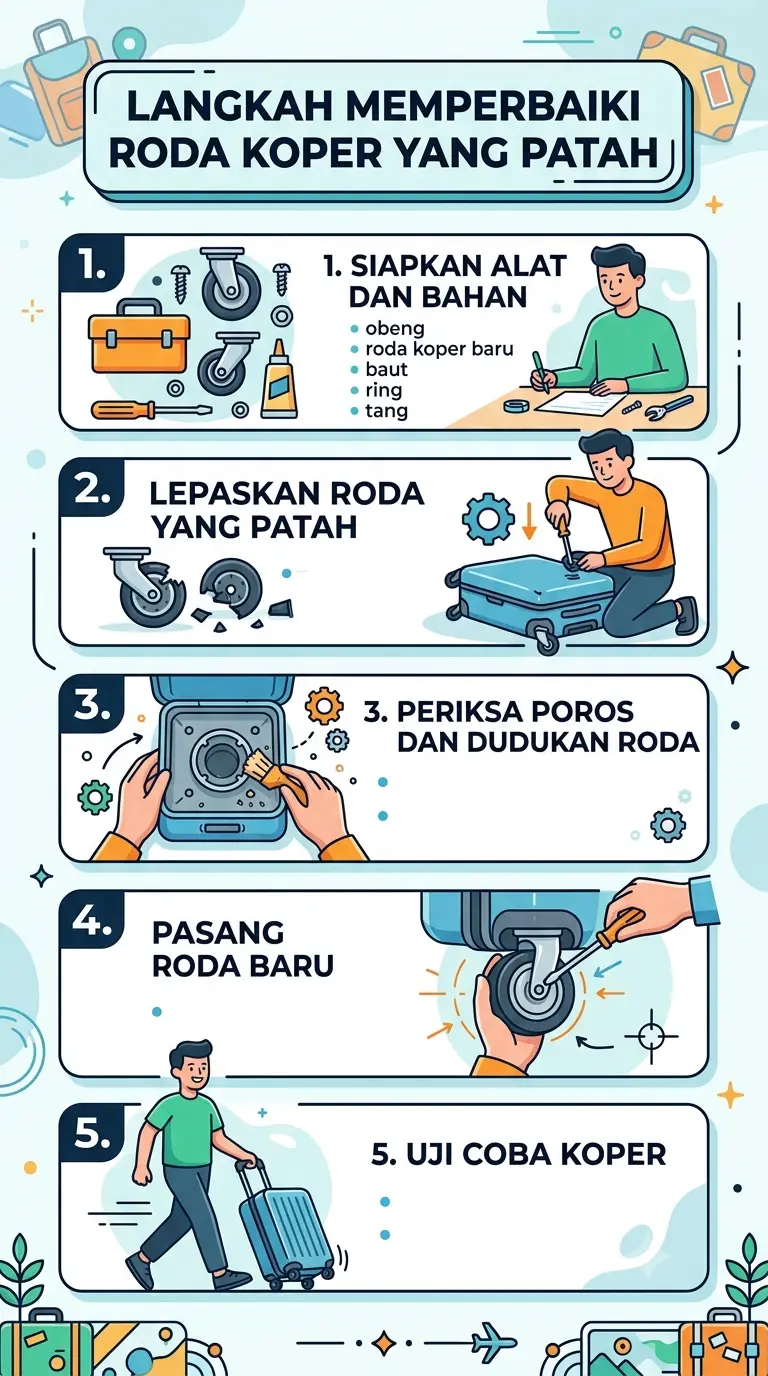 Infografik : Langkah Memperbaiki Roda Koper yang Patah
