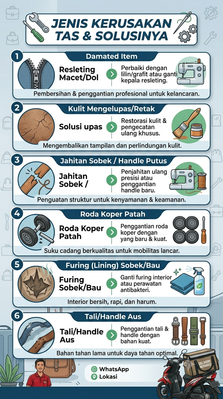 Infografik : Jenis Kerusakan Tas & Solusinya