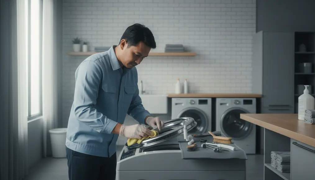 Proses Pembersihan Mesin Cuci Top Loading oleh Teknisi Berpengalaman