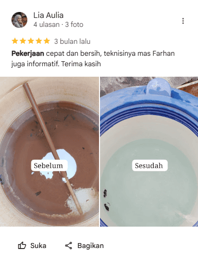 Review Pelanggan Menggunakan Jasa Kuras Toren Air Home Steril