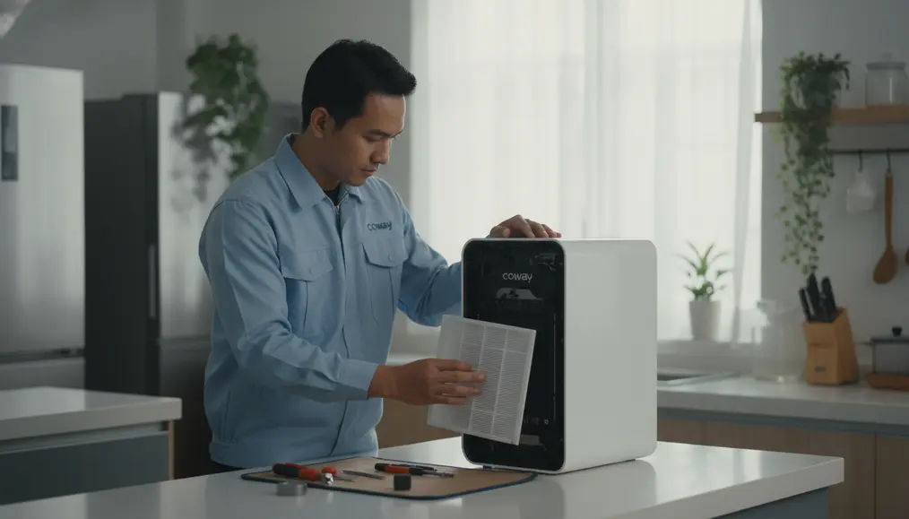 Pengecekan sensor debu PM2.5 dan kalibrasi indikator kualitas udara AQI pada unit Coway oleh teknisi bersertifikat - home-steril.com