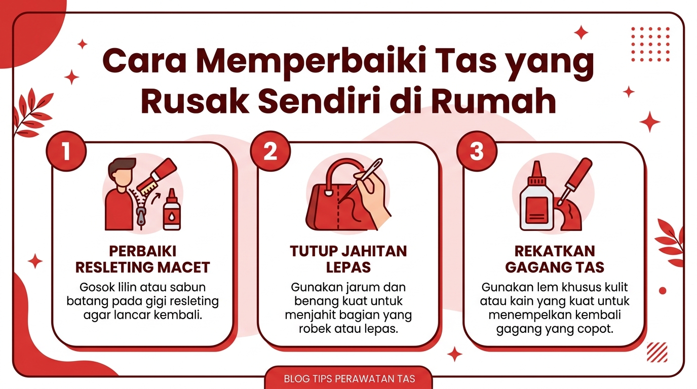 Infografik Cara Memperbaiki Tas yang Rusak Sendiri di Rumah
