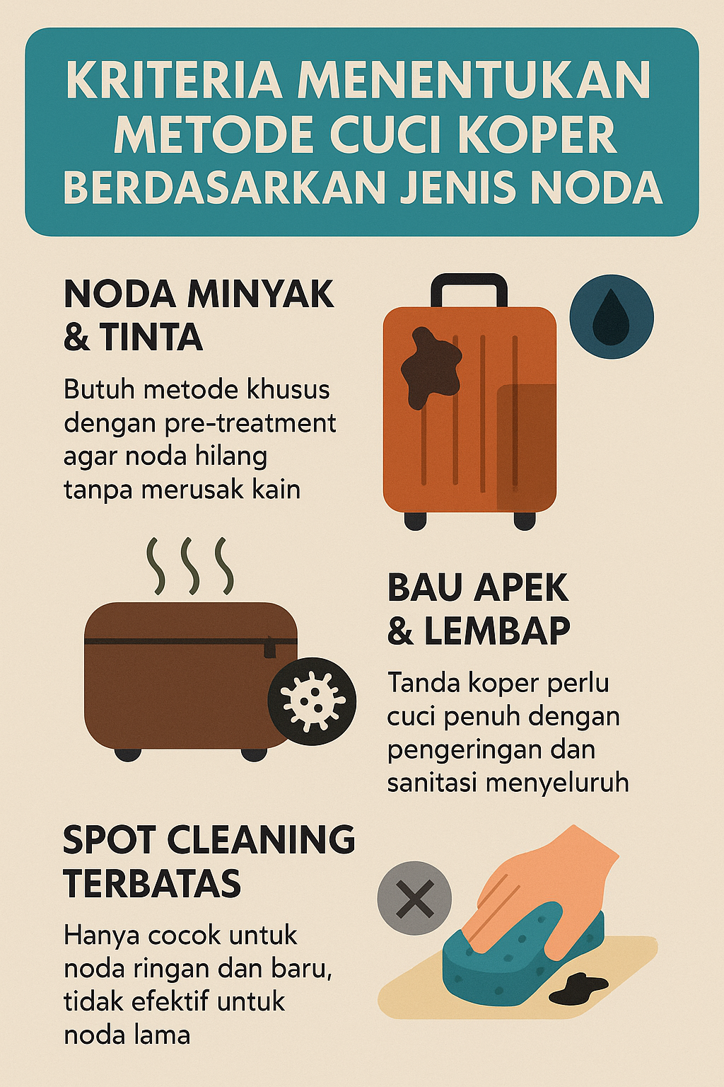 ChatGPT said: Kriteria Menentukan Metode Cuci Koper Berdasarkan Jenis Noda