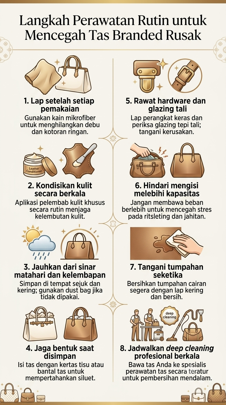 Infografik : Langkah Perawatan Rutin untuk Mencegah Tas Branded Rusak