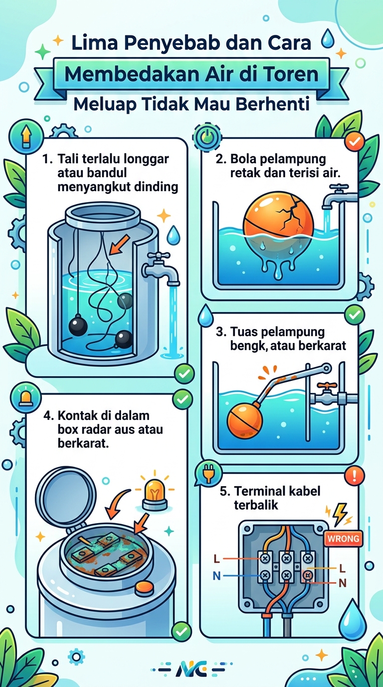 Infografik : Lima Penyebab dan Cara Membedakan Air di Toren Meluap Tidak Mau Berhenti