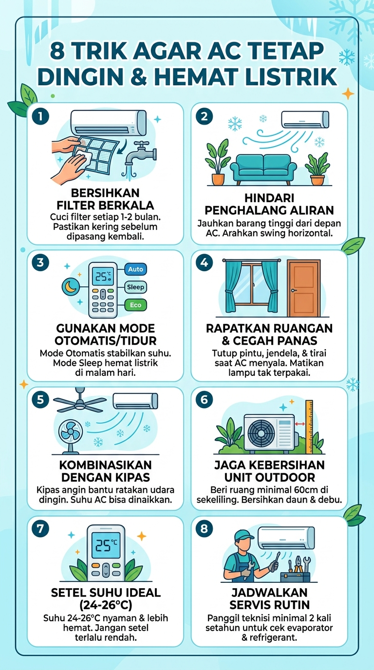 Infografik : 8 Trik Agar AC Tetap Dingin & Hemat listrik