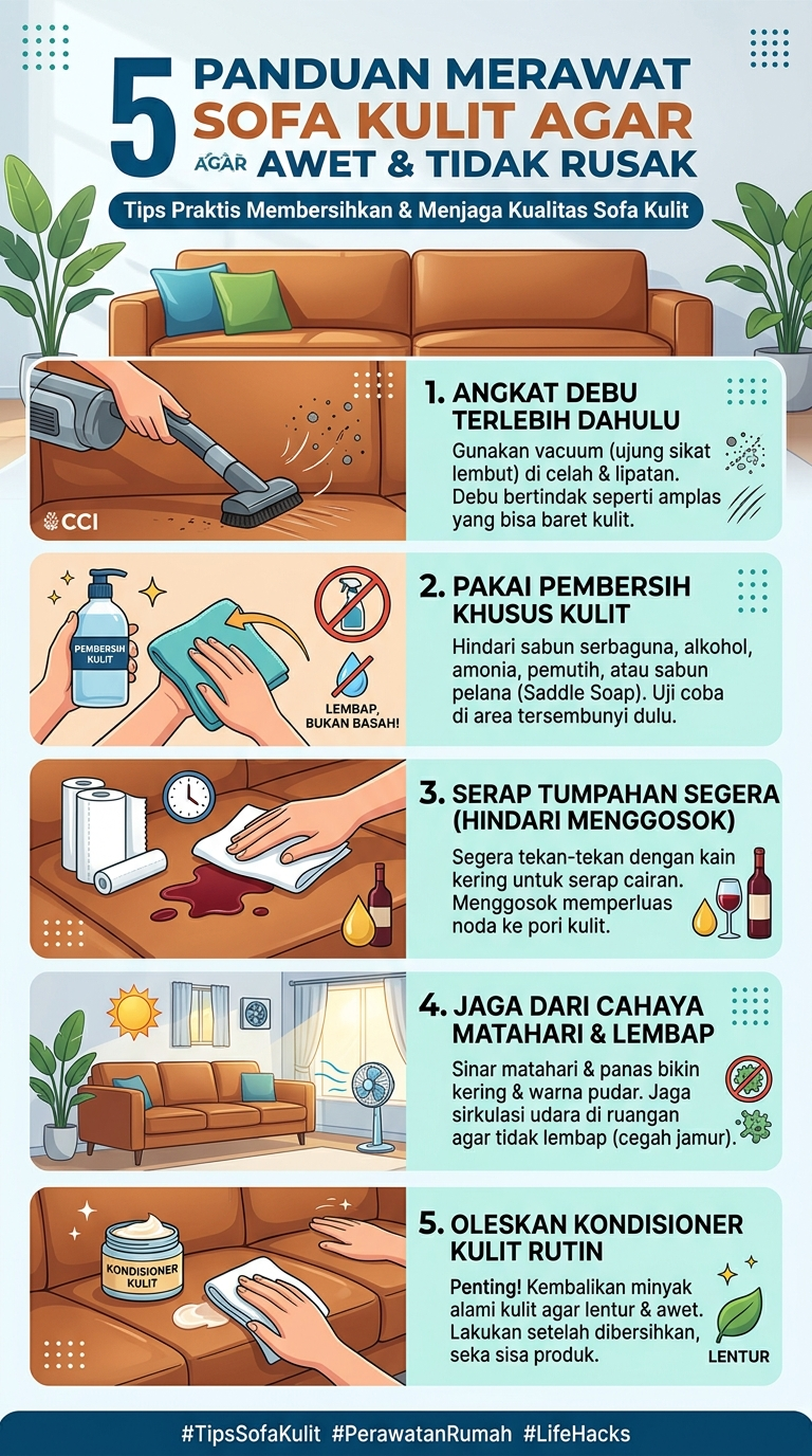 Infografik : 5 Panduan Merawat Sofa Kulit Agar Awet dan Tidak Rusak