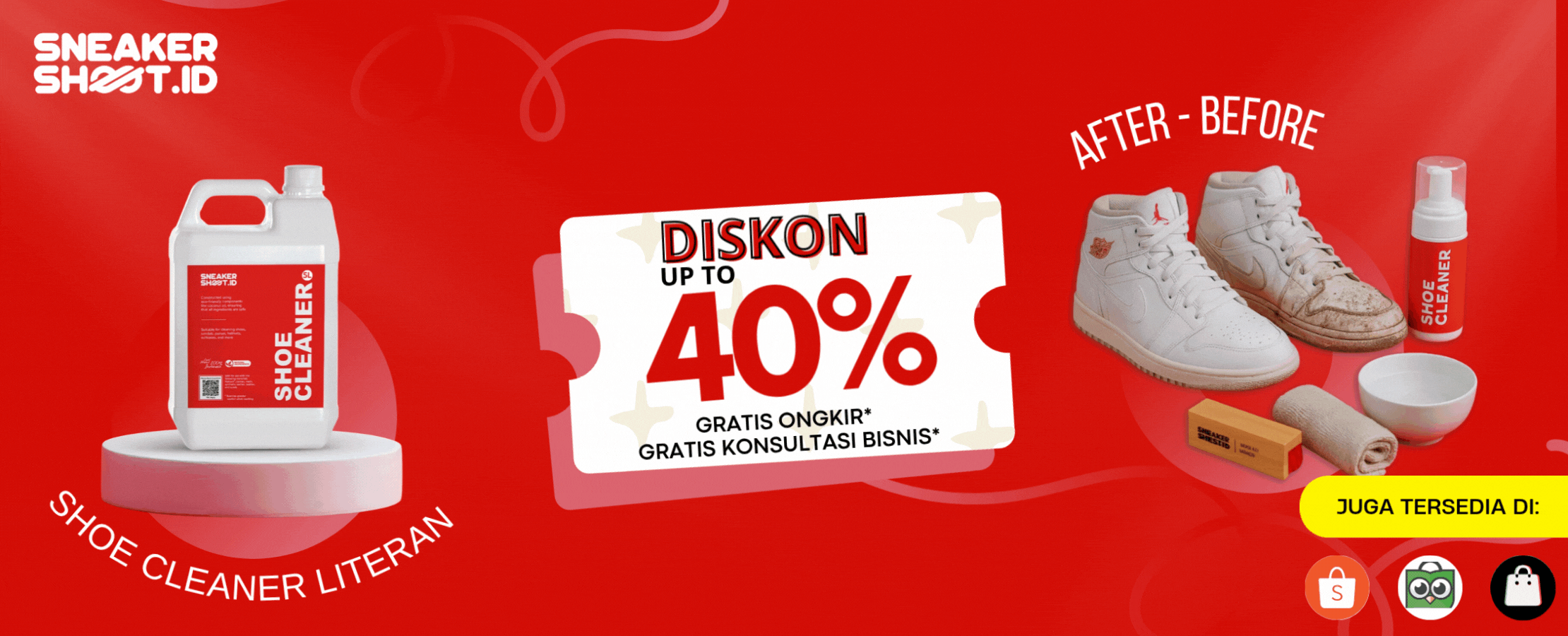 Promo diskon 40% shoe care literan dan gratis konsultasi bisnis bersama dengan sneakershoot.id