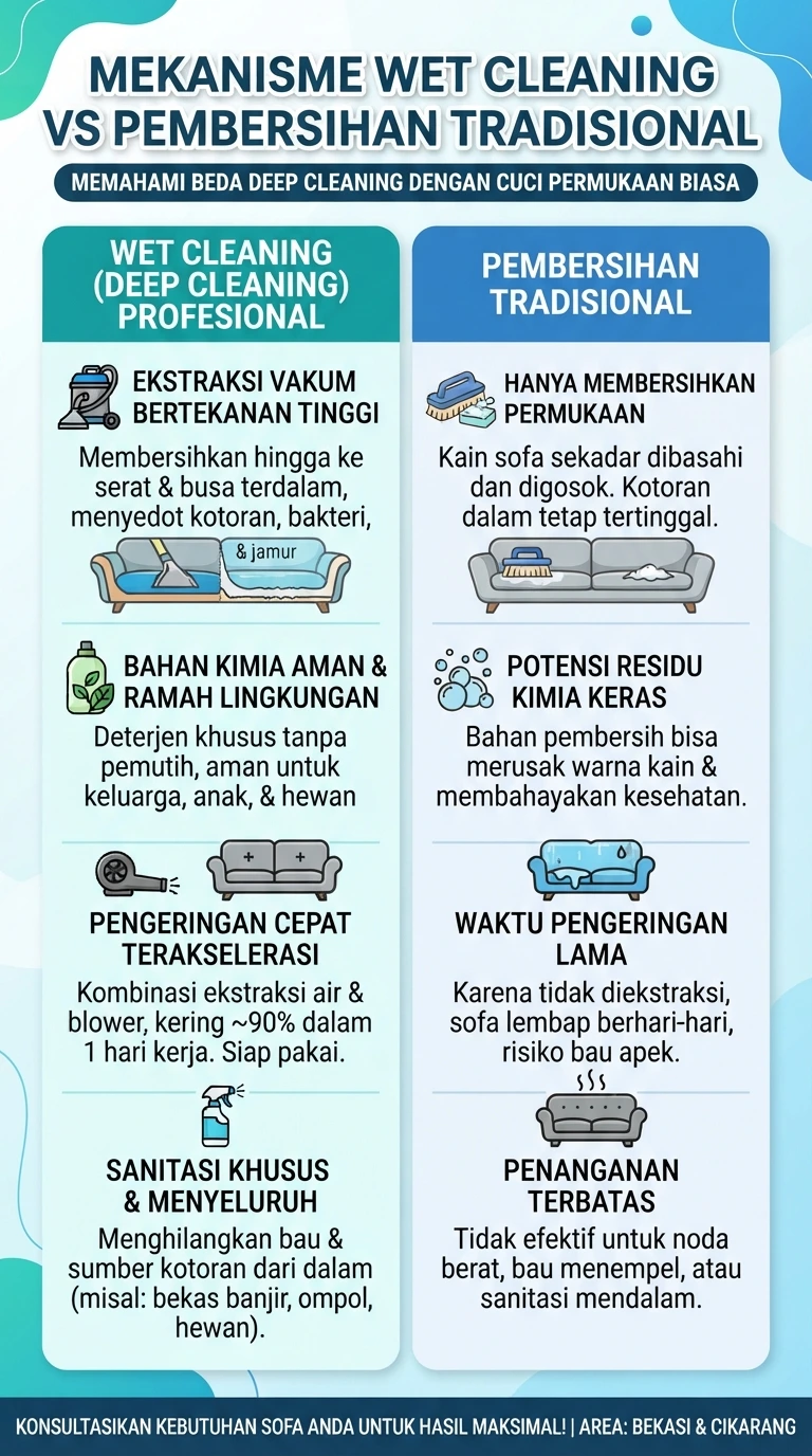 Infografik : Mekanisme Wet Cleaning Vs Pembersiihan Tradisional