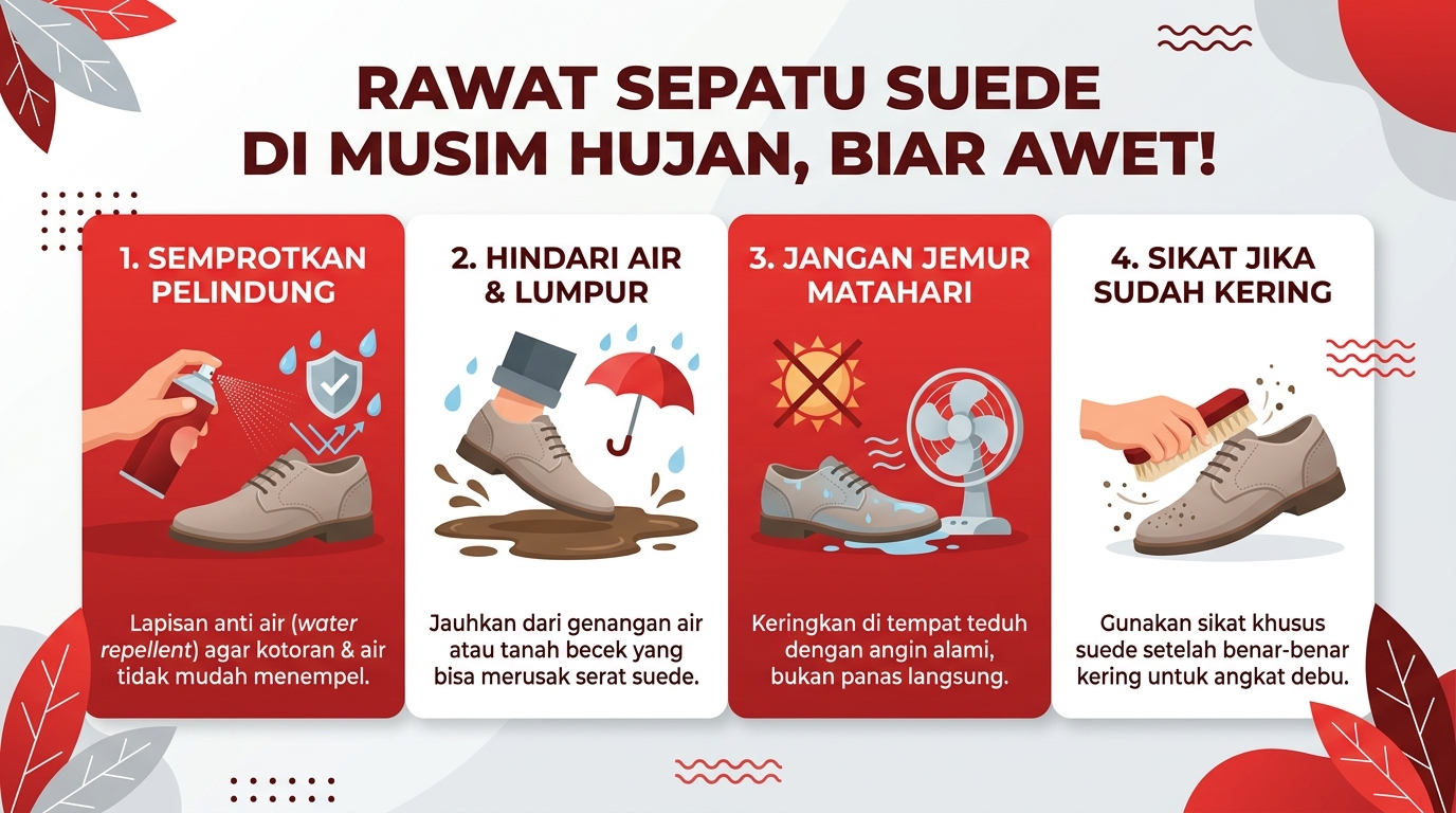 Infografik Rawat Sepatu Suede di Musim Hujan, Biar Awet!