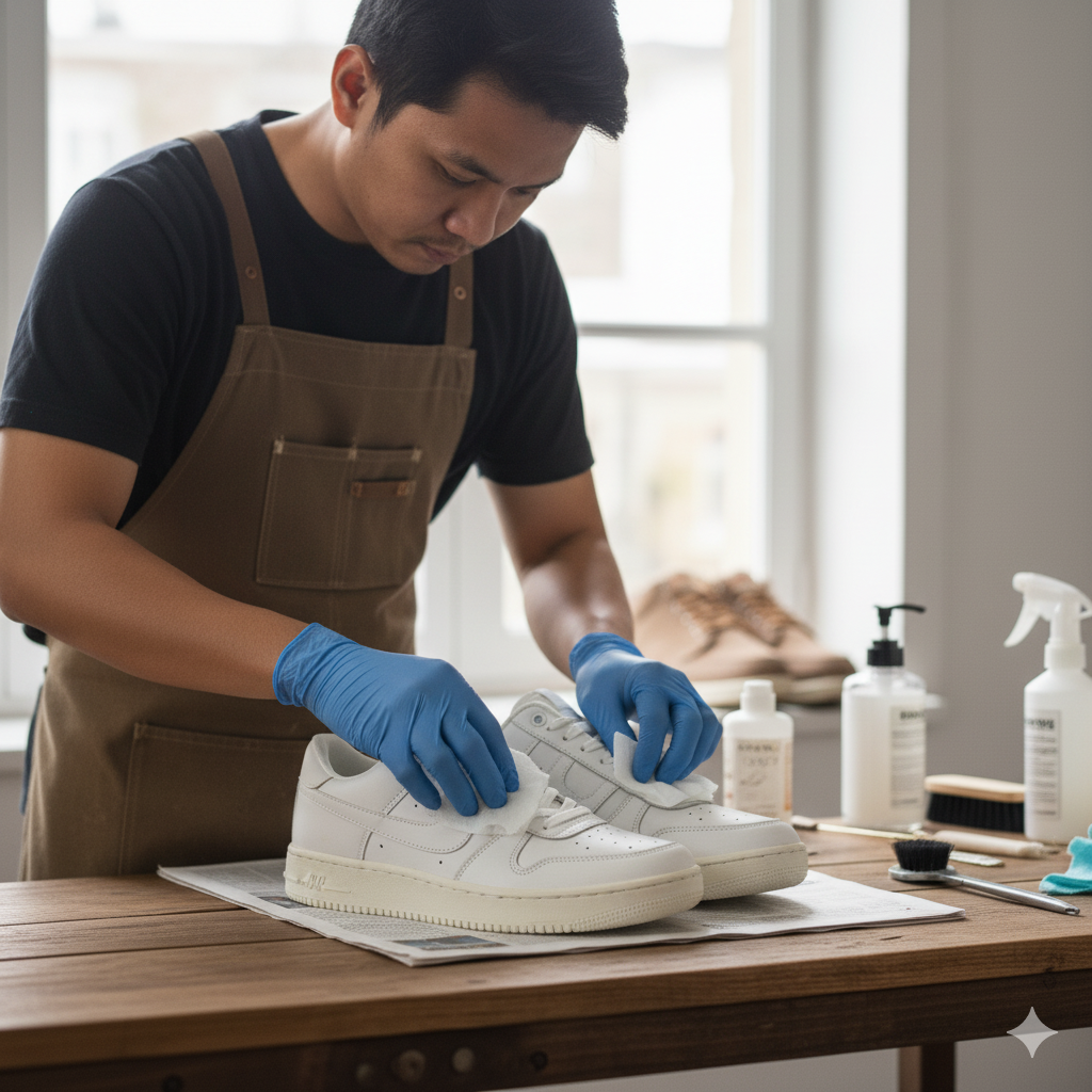 Proses Diam dan Bilas Sepatu Kulit Putih