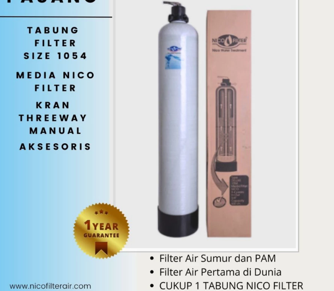 Sistem filter air Nico Filter satu tabung praktis menggunakan media sintetis untuk air bau besi - home-steril.com