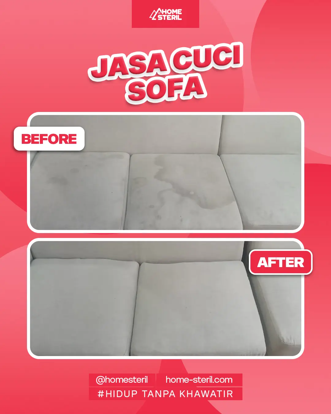 Hasil pembersihan mendalam sebelum dan sesudah cuci sofa di Home Steril - home-steril.com