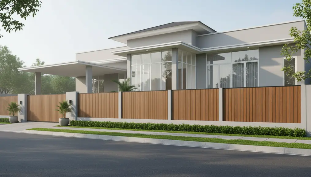 Detail instalasi bilah pagar WPC cokelat tipe hollow di atas rangka besi hitam minimalis - home-steril.com