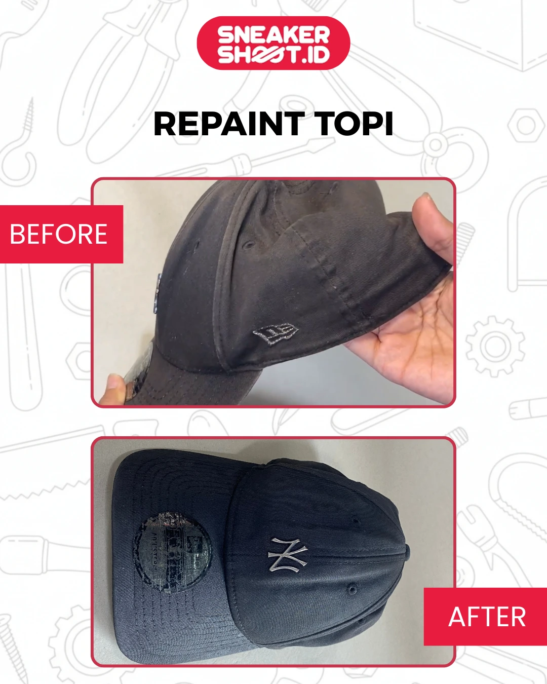Before dan After Repaint Topi di sneakershoot.id