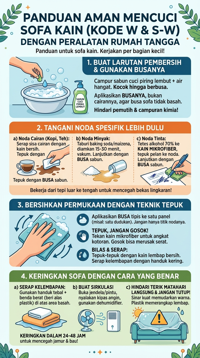 Infografik : Panduan Aman Mencuci Sofa Kain (Kode S & S-W)