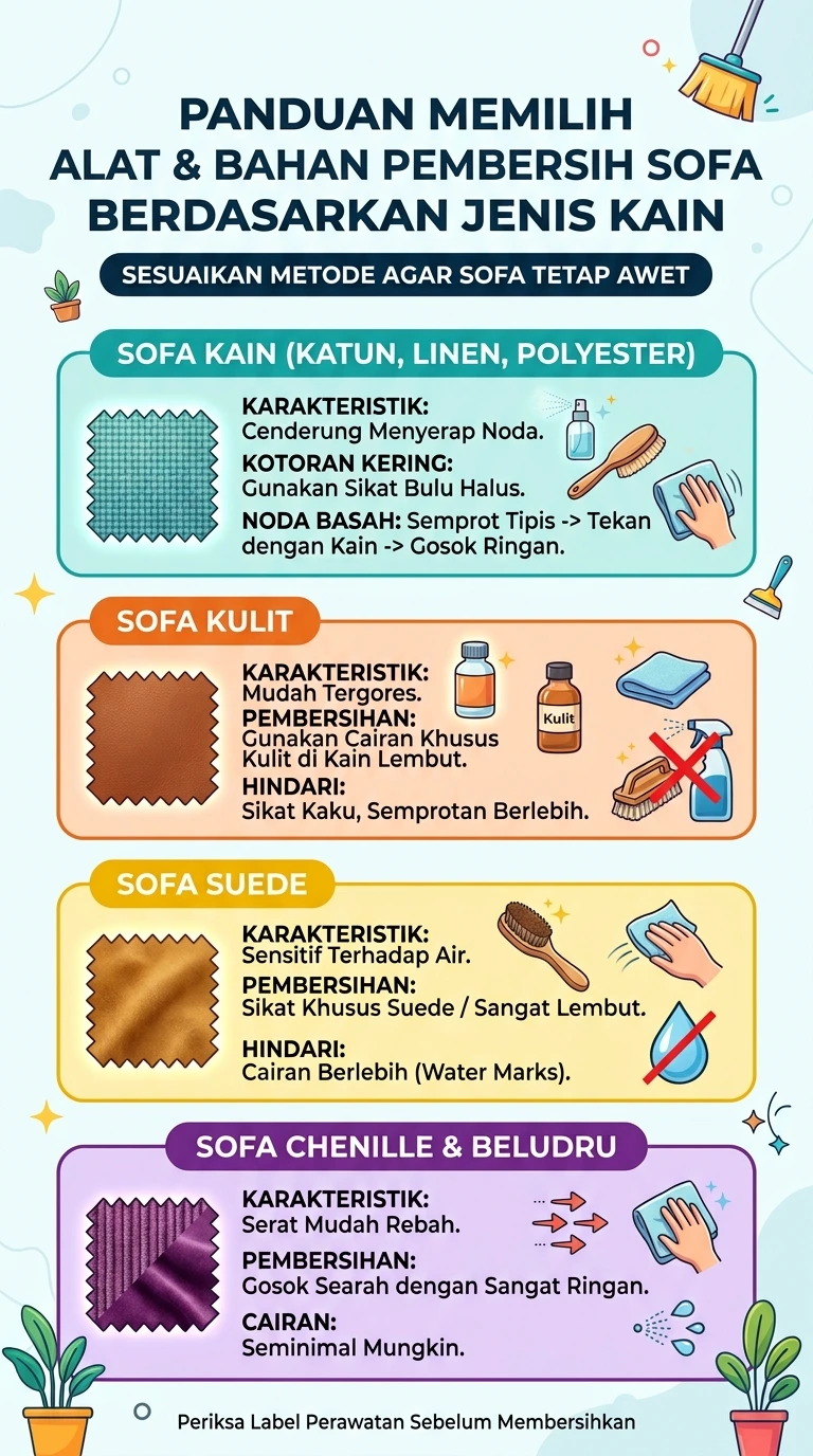 Infografik : Panduan Memilih Alat & Bahan Pembersih Sofa Berdasarkan Jenis Kain