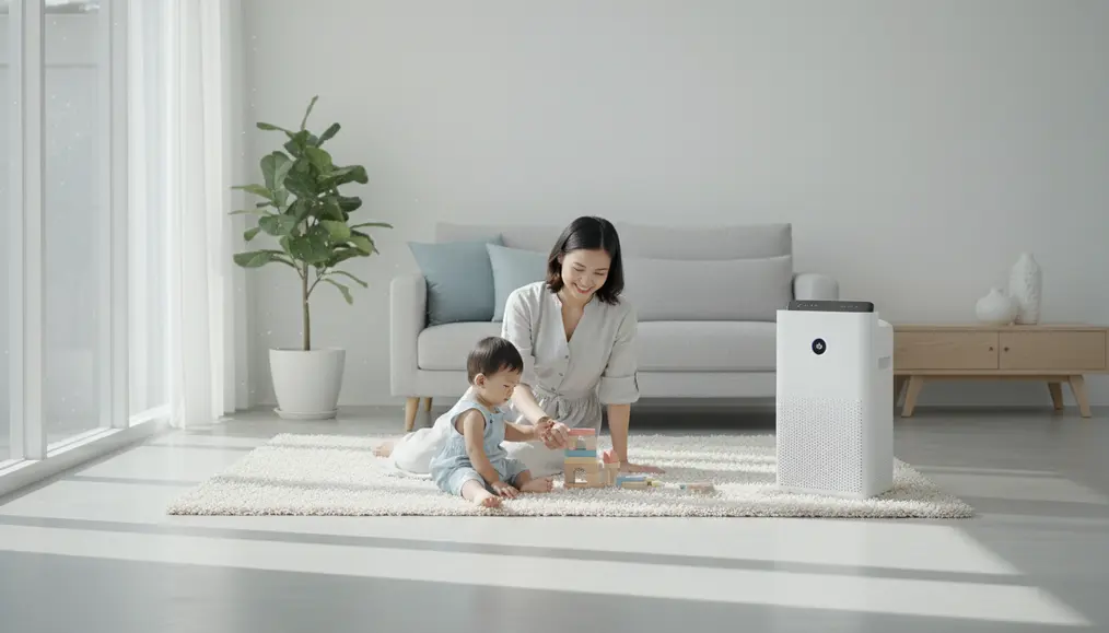 Proses vakum sela-sela pre-filter dan pembersihan deodorization filter air purifier Coway menggunakan kuas antistatis oleh teknisi - home-steril.com