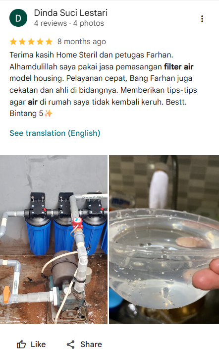 Testimoni ulasan Google Maps pelanggan Home Steril untuk layanan instalasi water purifier RO - home-steril.com