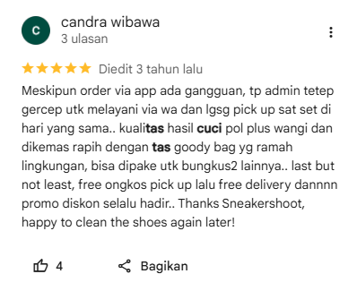 Rating Pelanggan Laundry Tas di Sneakershoot