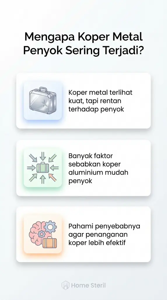 Infografik penyebab koper metal penyok akibat penanganan kasar bagasi dan fatigue metal - home-steril.com