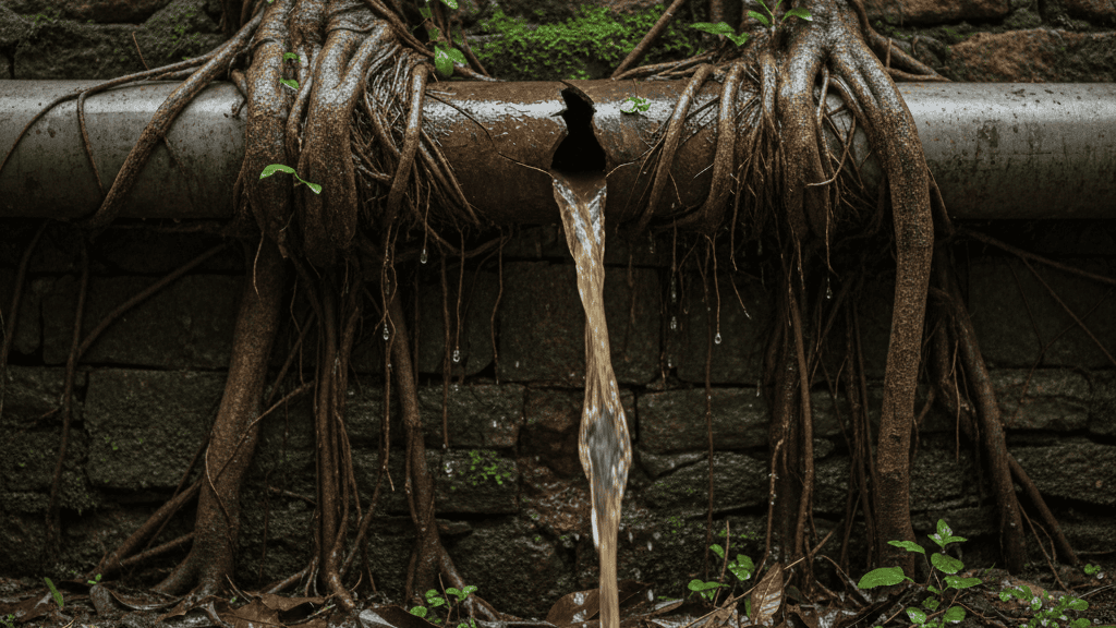 Pipa Air Bocor Karena Akar Pohon dan Pergeseran Tanah