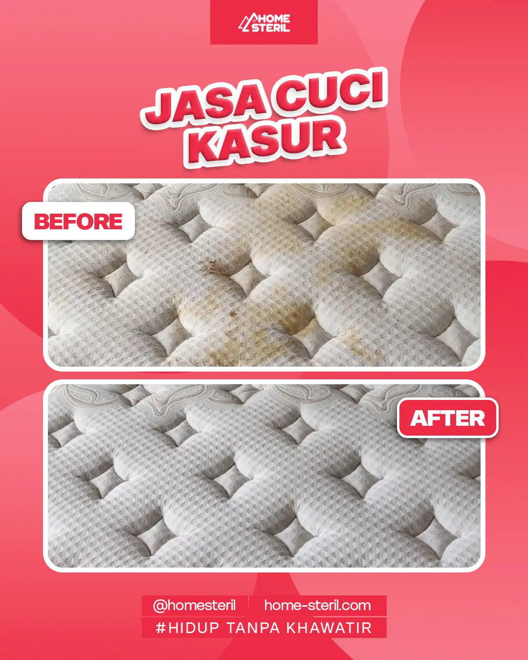 Hasil perbandingan sebelum dan sesudah cuci kasur di Home Steril - home-steril.com