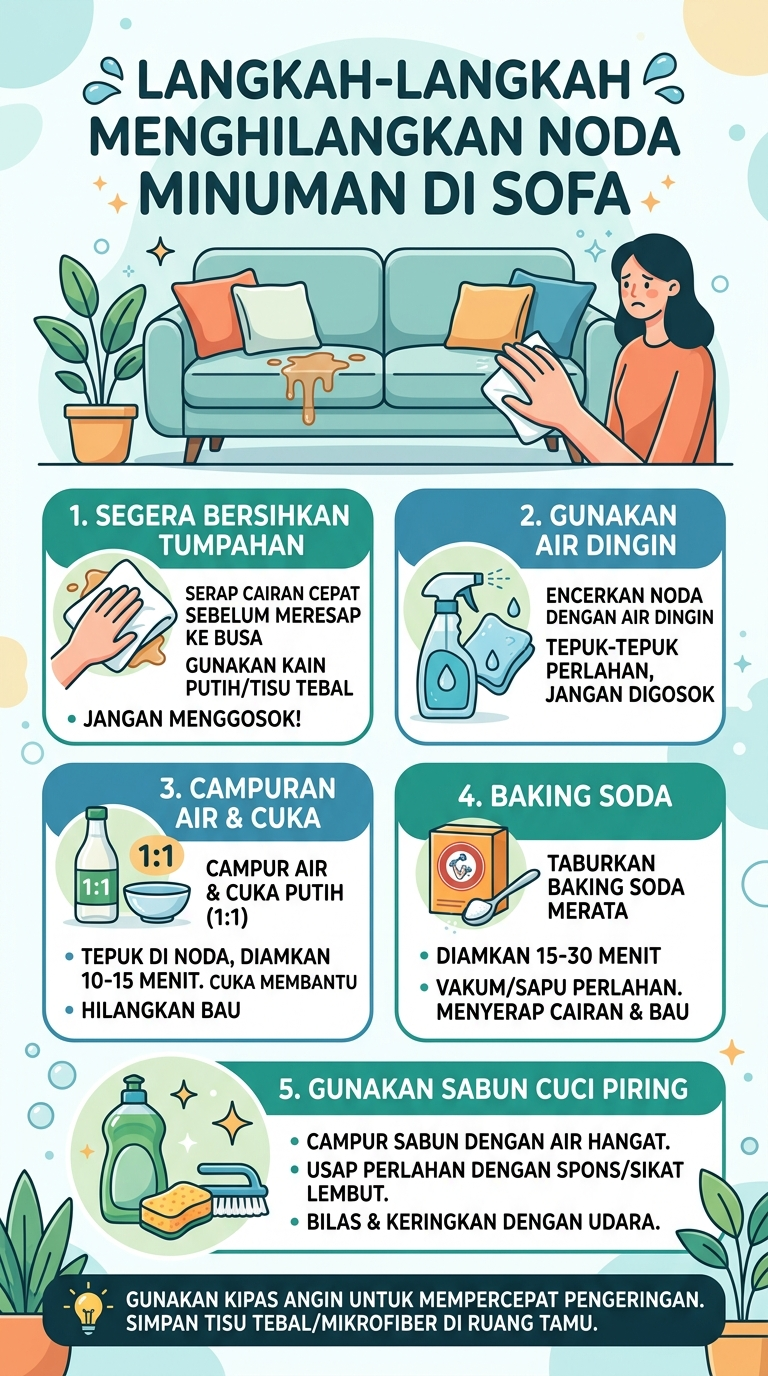 Infografik : Langkah-Langkah Menghilangkan Noda Minuman di Sofa