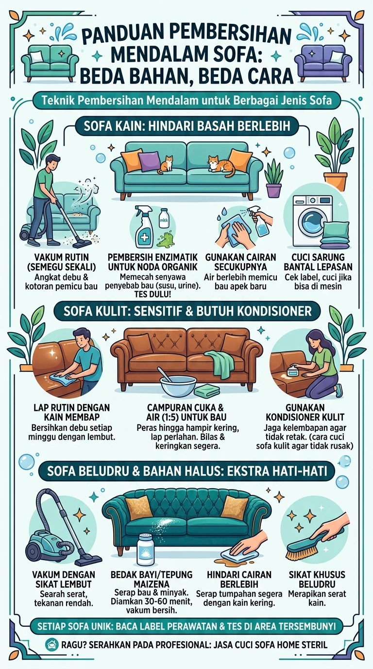 Infografik : Panduan Pembersihan Mendalam Sofa : Beda Bahan, Beda Cara