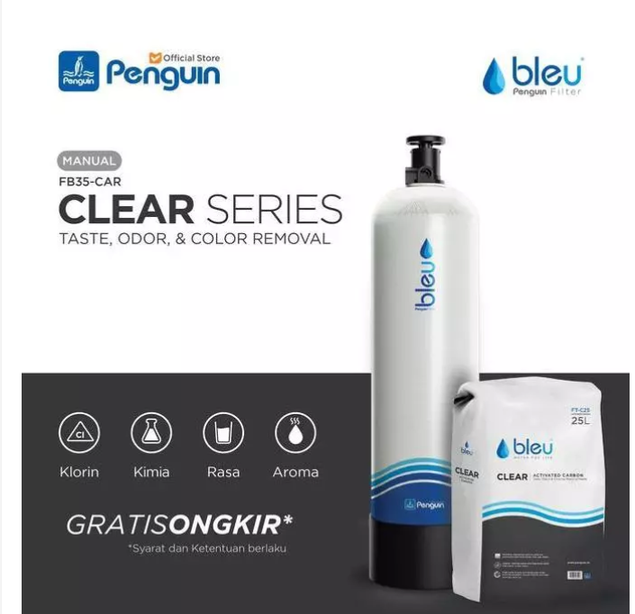 Housing filter Penguin Bleu Clear Series dengan cartridge karbon aktif penyaring sedimen halus - home-steril.com
