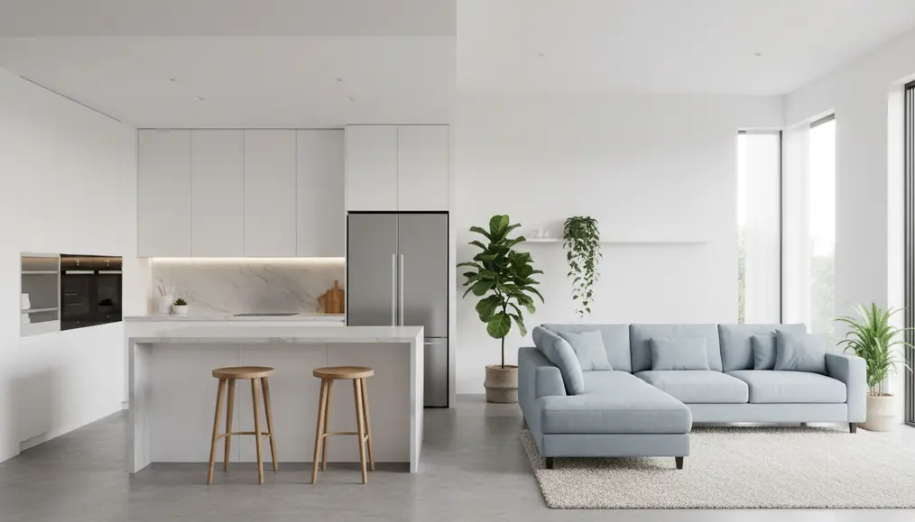 Penataan furnitur ruang tamu dan dapur minimalis open plan dengan pencahayaan hangat - home-steril.com