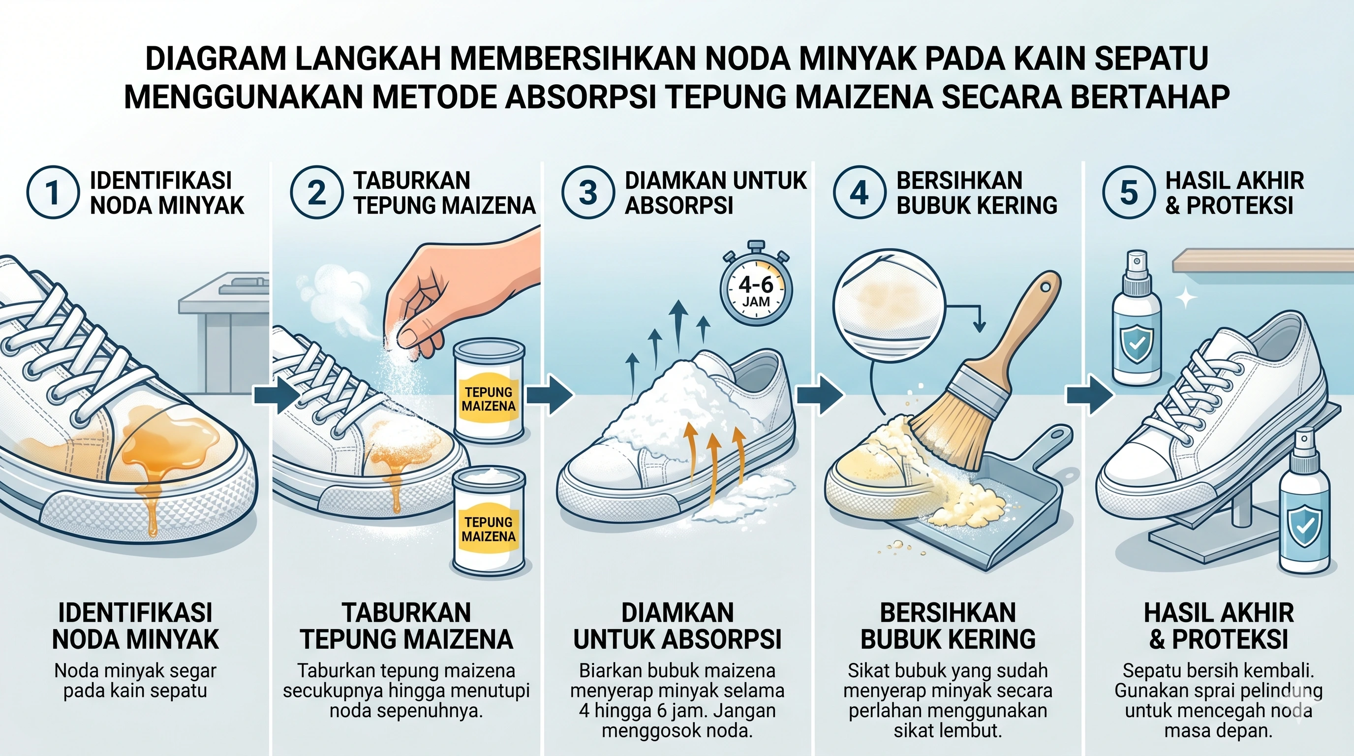 Penerapan tepung maizena secara merata pada noda minyak di upper kain sneakers - home-steril.com