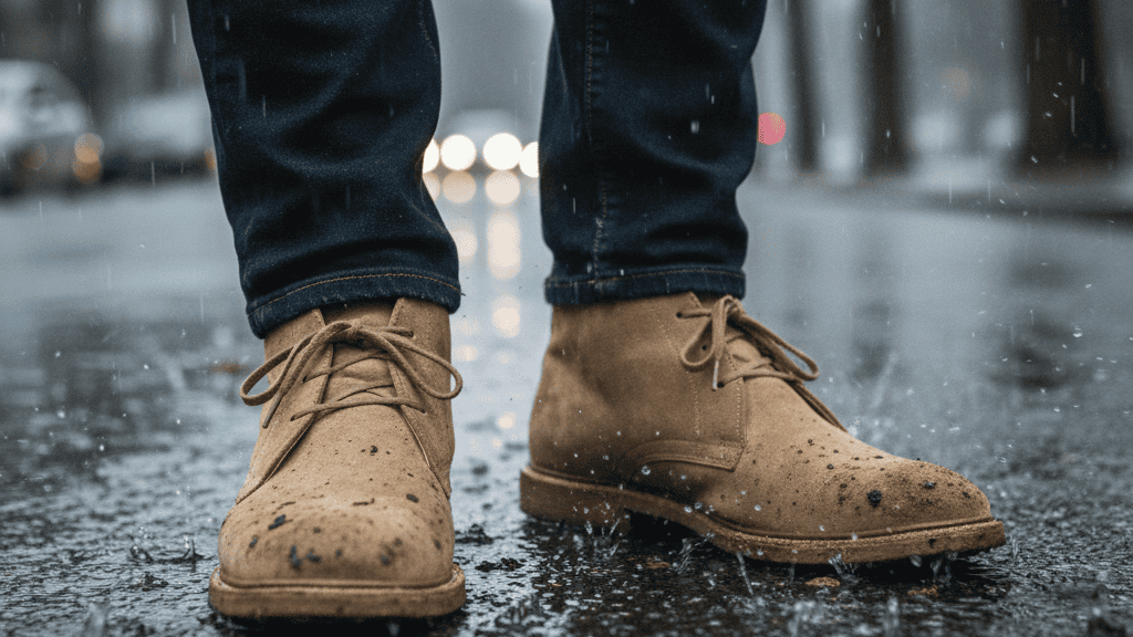Jangan Memakai Sepatu Suede Saat Hujan