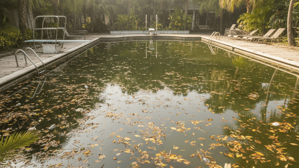 Debu, Daun, dan Kotoran Organik di Kolam Renang