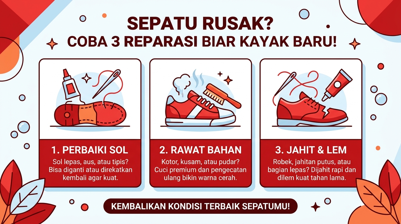 Infografik Sepatu Rusak? Coba 3 Reparasi Biar Kayak Baru!