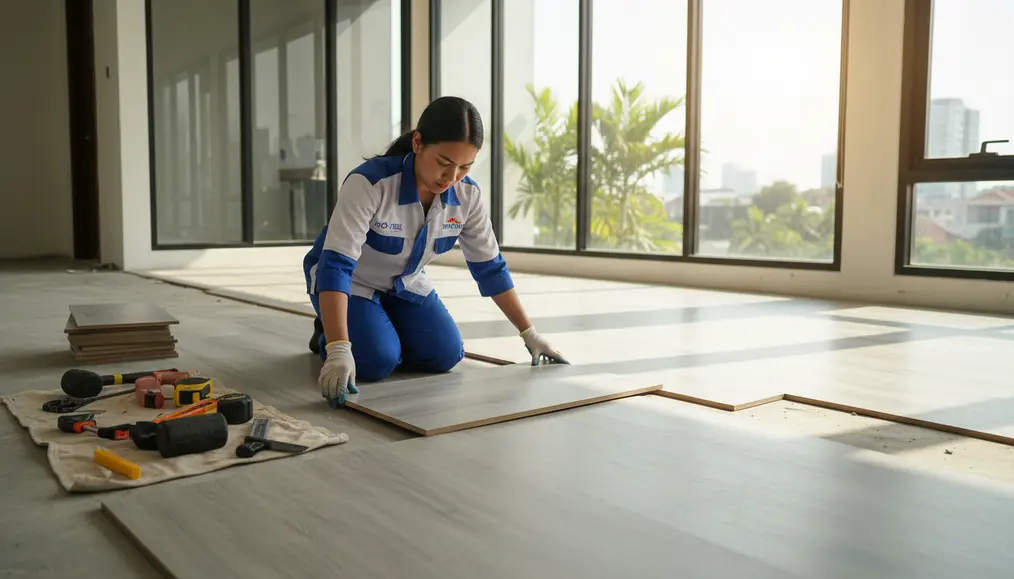 Proses Pengerjaan Detail Pasang Lantai Vinyl Jakarta Barat oleh Home Steril
