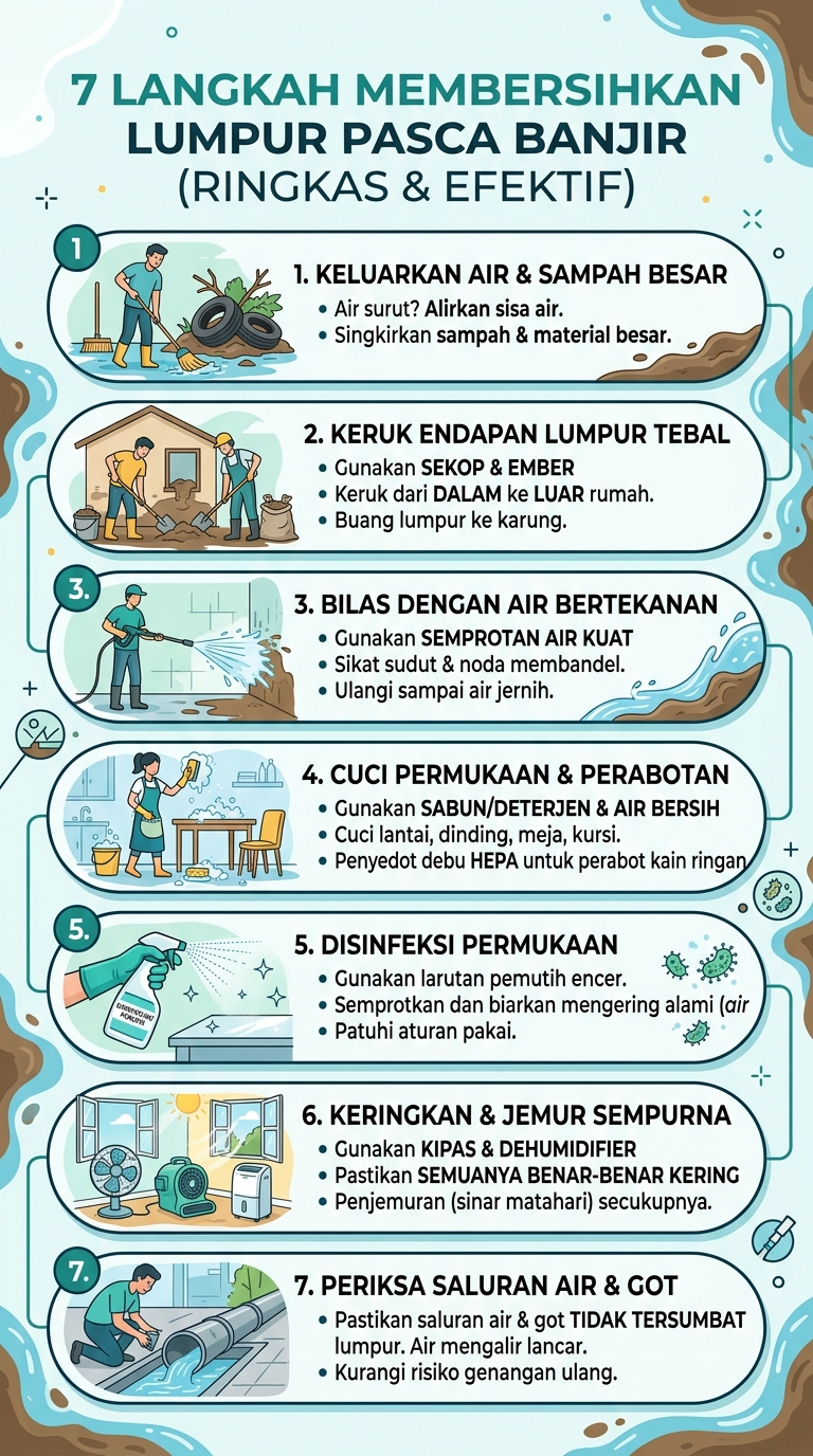 Infografik : 7 Langkah Membersihkan Lumpur Pasca banjir 
