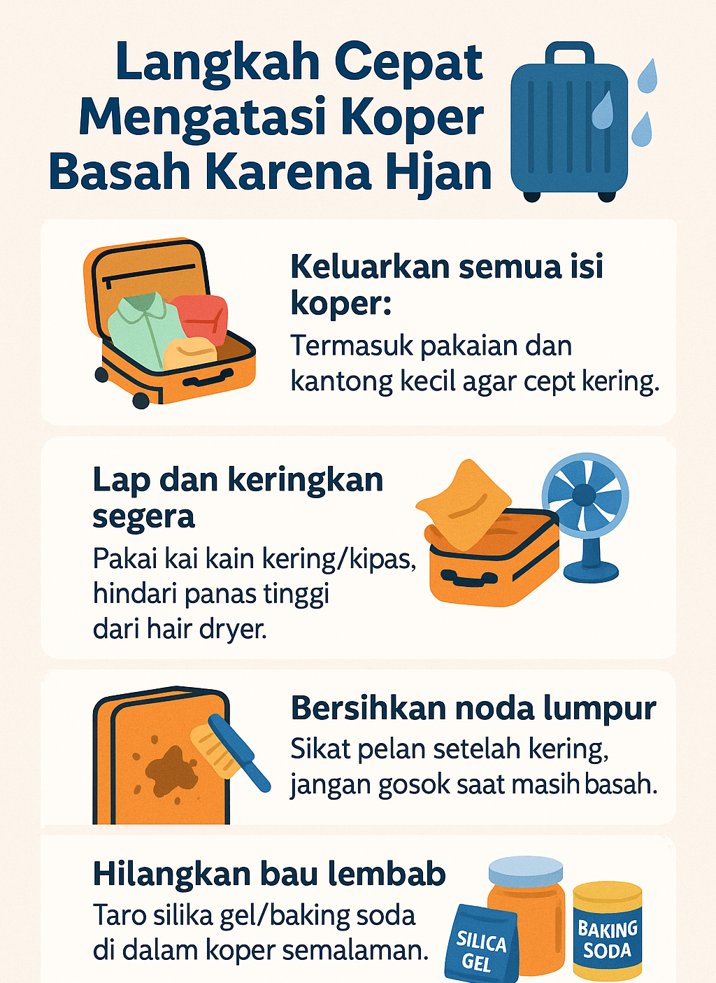 Langkah Cepat Mengatasi Koper Basah Karena Hujan: