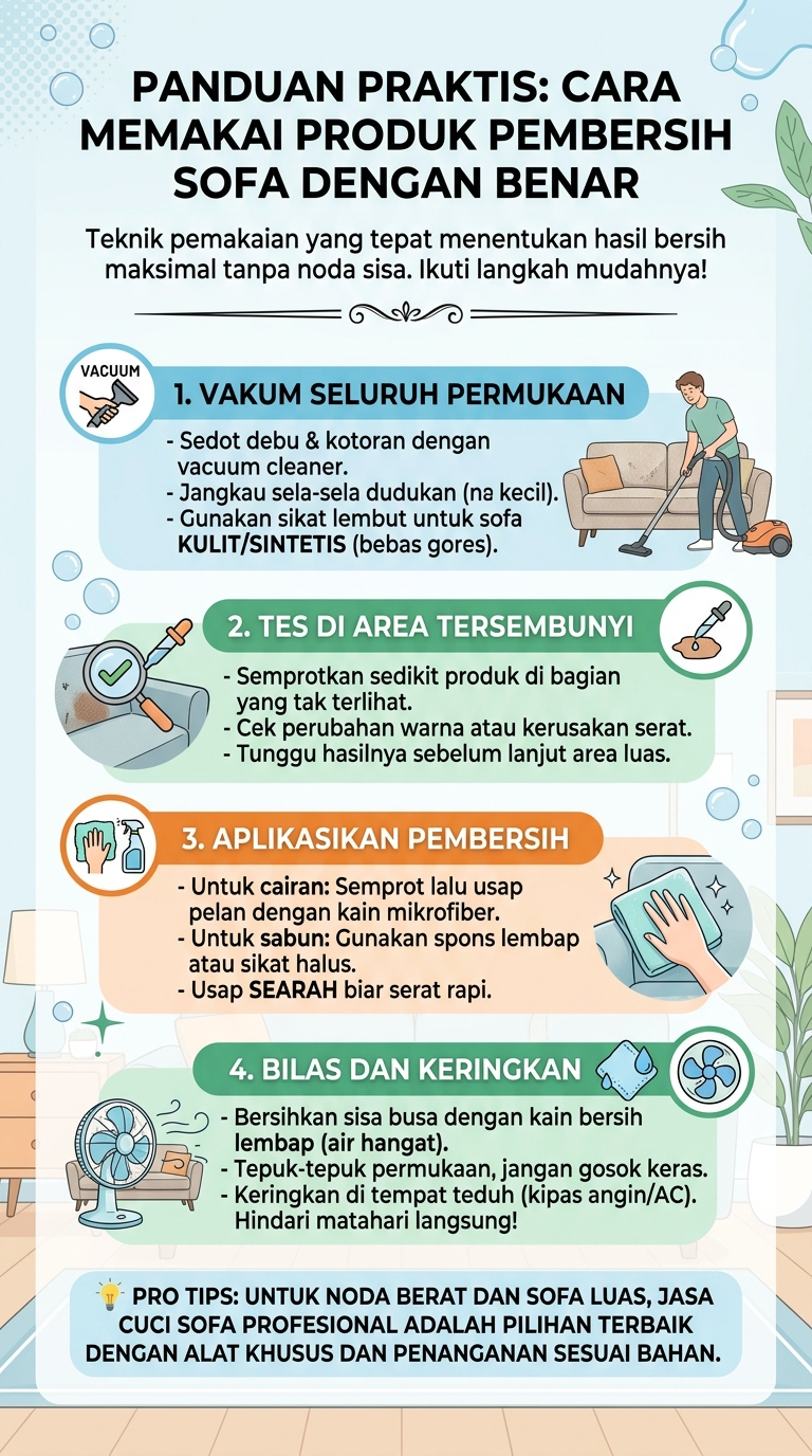 Infografik : Panduan Praktis : Cara Memakai Produk Pembersih Sofa Dengan Benar