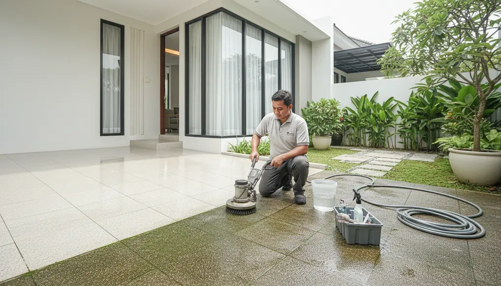 Jasa Bersih Keramik Kasar di Area Carport dan Taman