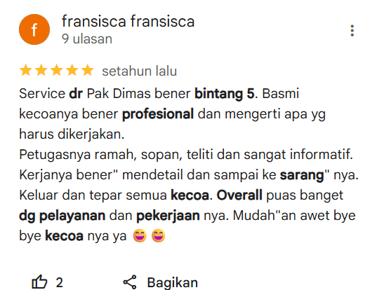 Review Pelanggan Jasa Pest Control Kecoa