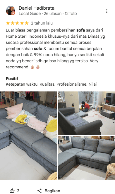 Rating Pelanggan Cuci Sofa di Home Steril Puas