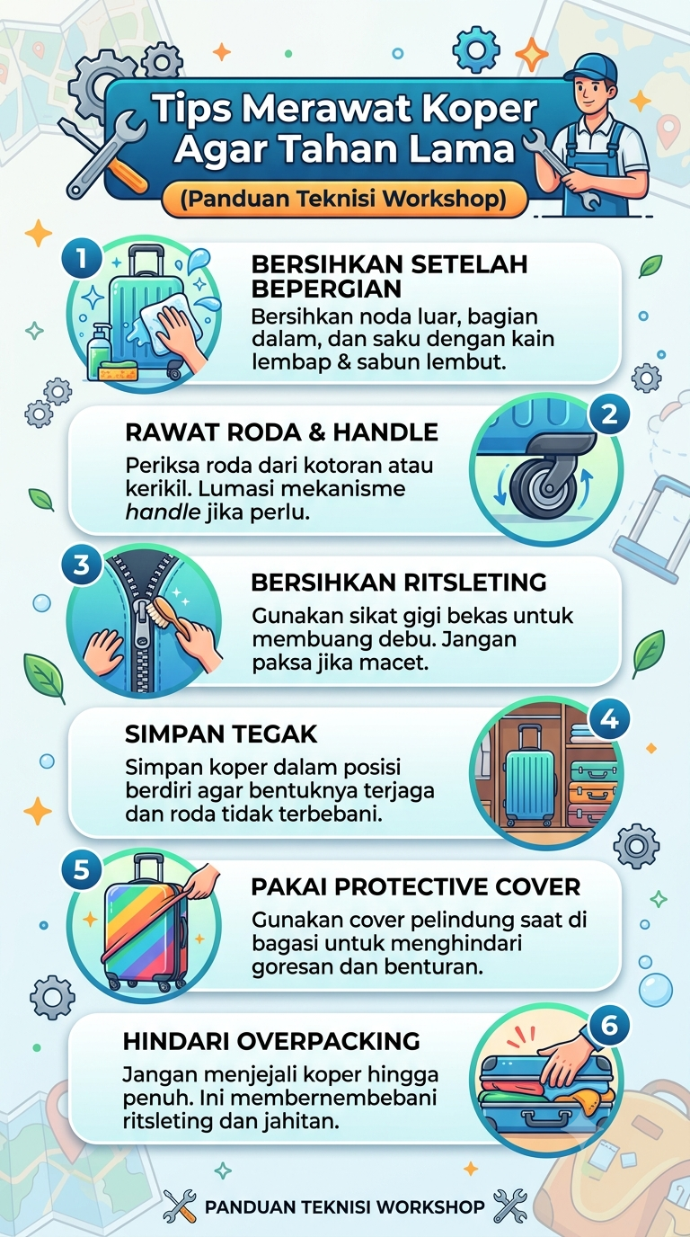 Infografik : Tips Merawat Koper Agar Tahan Lama (Panduan Teknisi Workshop)