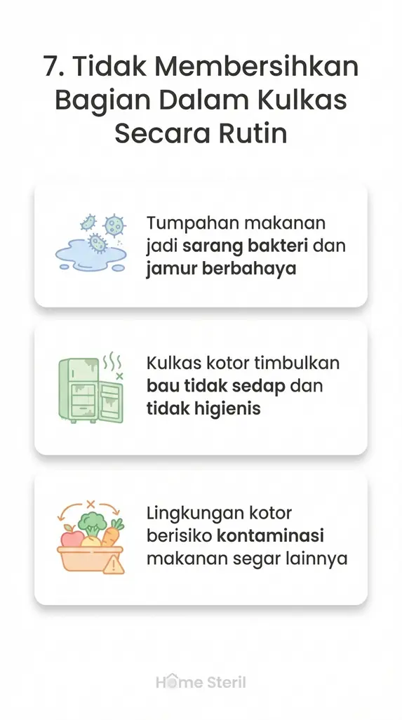 7. Tidak Membersihkan Bagian Dalam Kulkas Secara Rutin