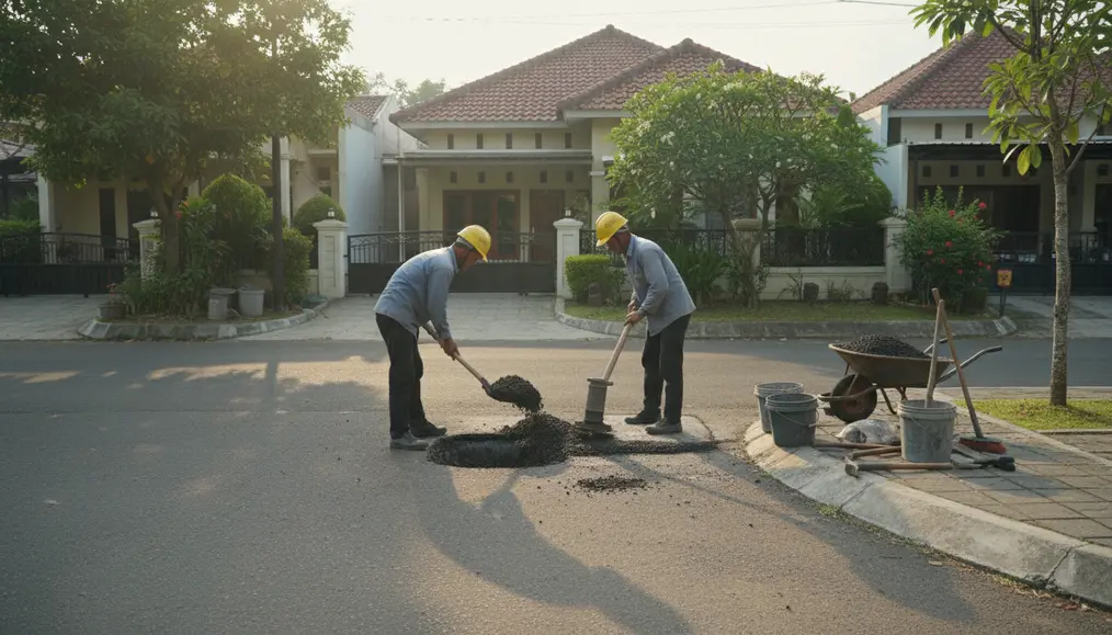 Pekerja melakukan penambalan darurat pada lubang jalan kecil menggunakan aspal masak tradisional - home-steril.com