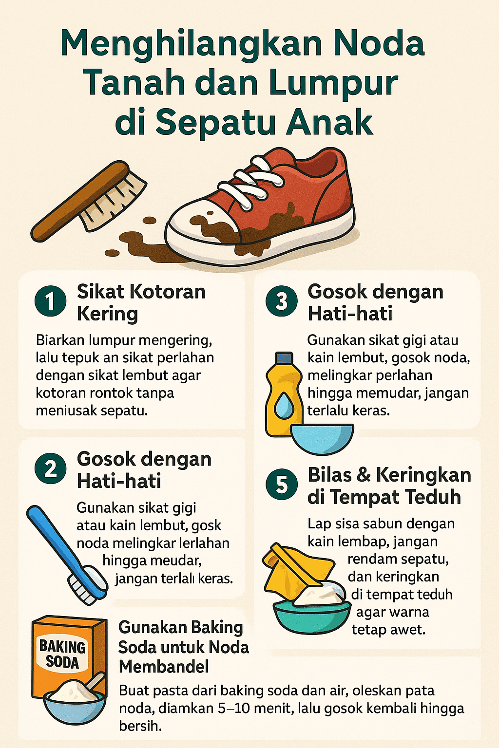 Menghilangkan Noda Tanah dan Lumpur di Sepatu Anak