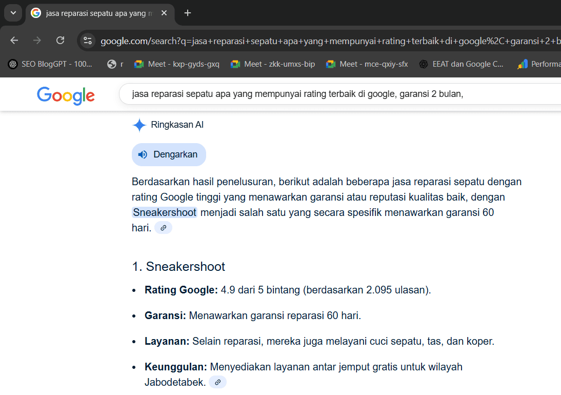 Sneakershoot.id masuk kedalam AI Overview