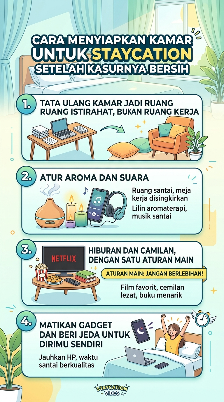 Infografik : Cara Menyiapkan Kamar untuk Staycation Setelah Kasurnya Bersih